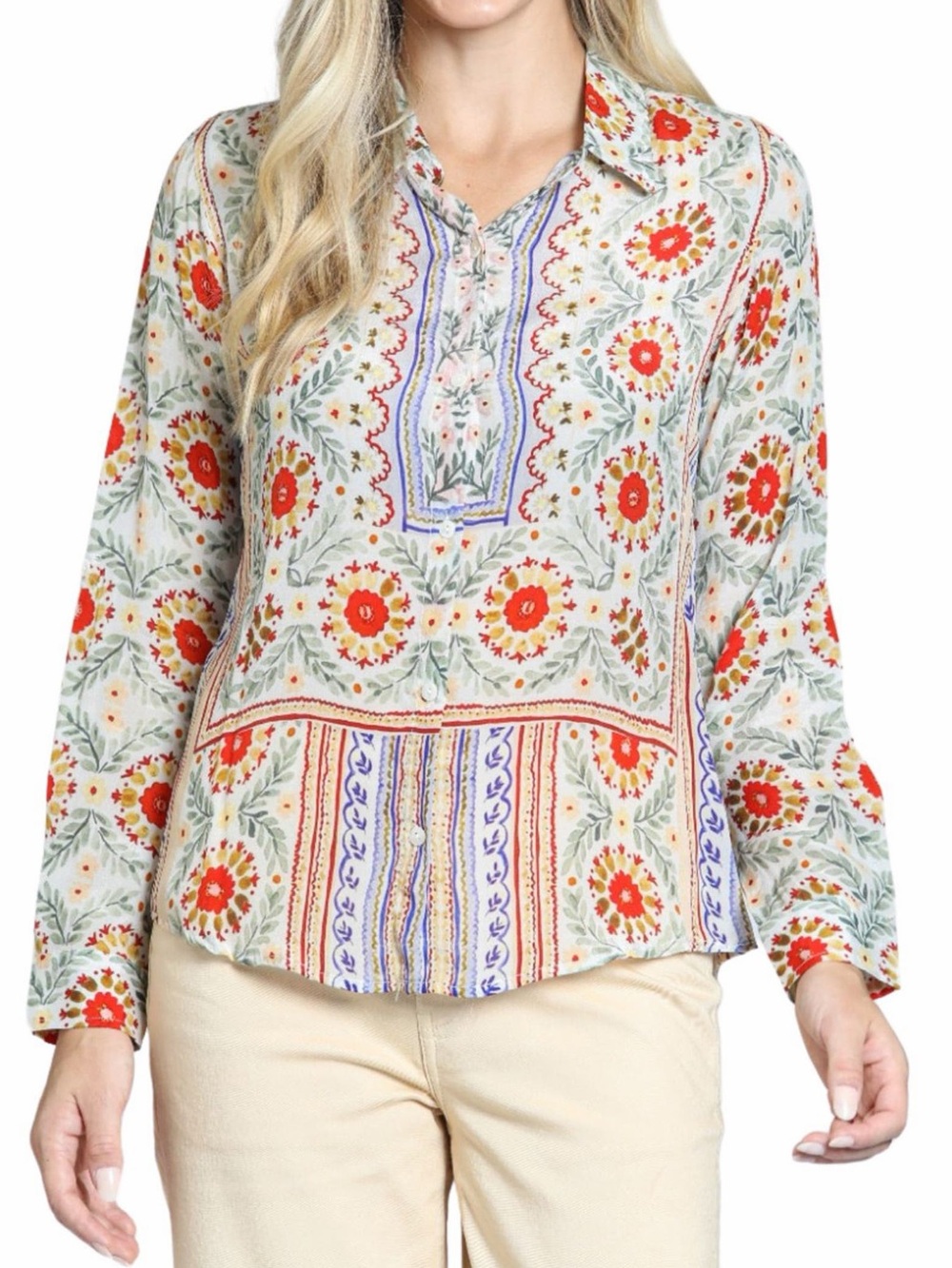 Boho Floral Button-Down Shirt in Cream and Red